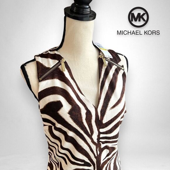 NWT Michael Kors Women’s Sleeveless Brown & Cream Zebra Print Zip Dress - Picture 4 of 17